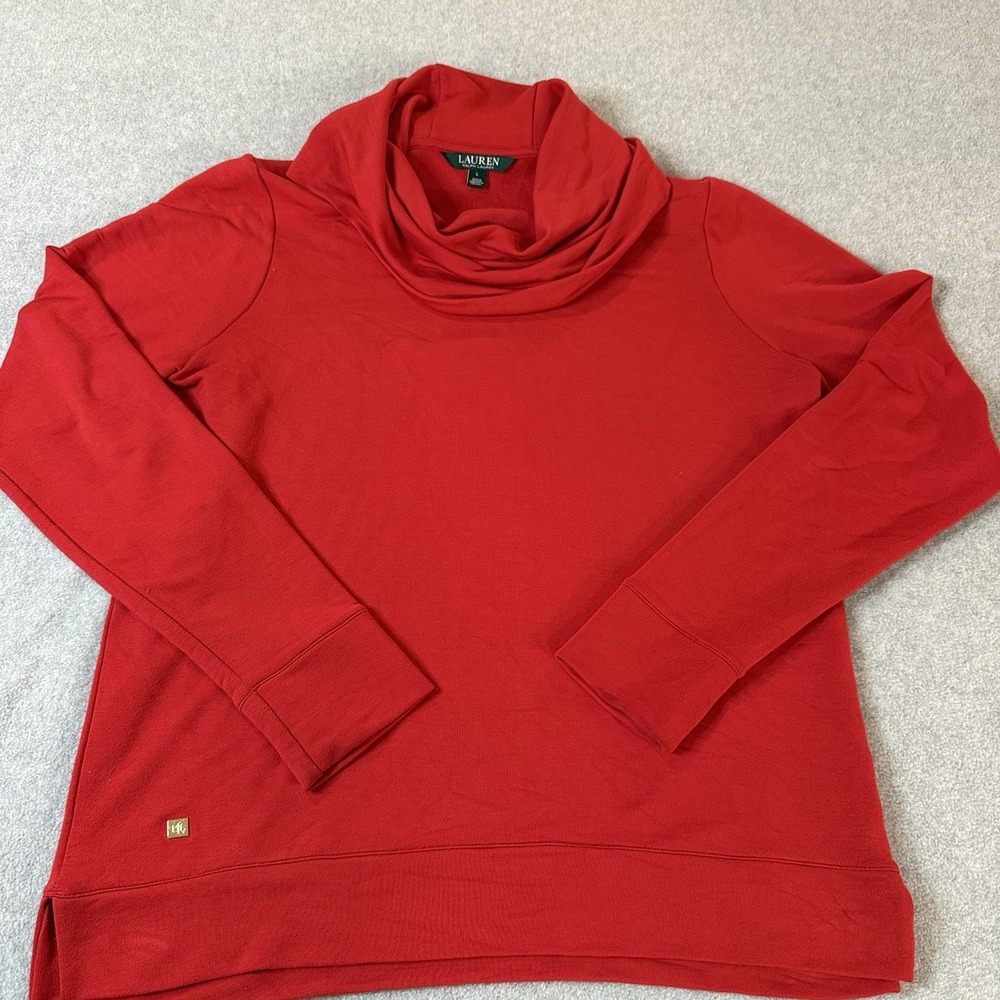 Lauren Ralph Lauren Cowl Neck Sweater Womens L Red Stretch Pullover Knit Top